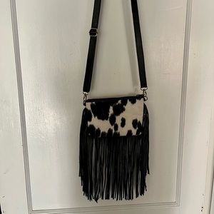 Authentic black & white cowhide crossbody bag w fringe